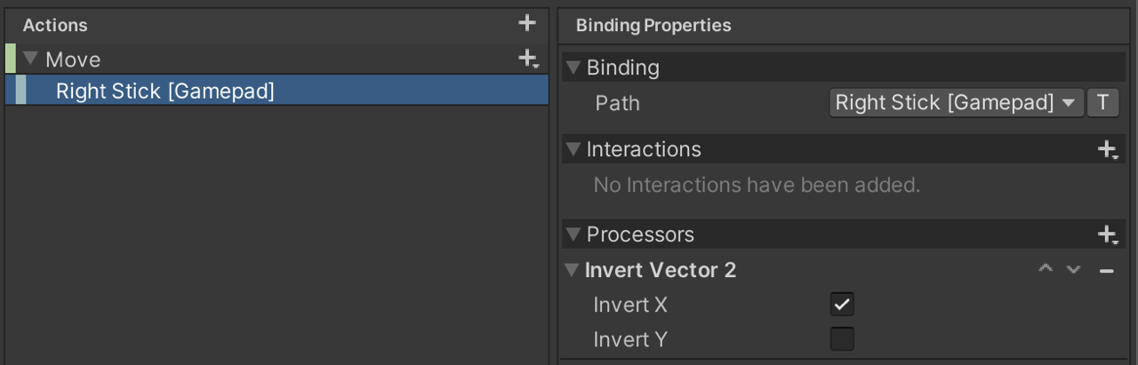 This picture shows the setup of a Invert Vector 2 Processor in the Input Action Asset Editor