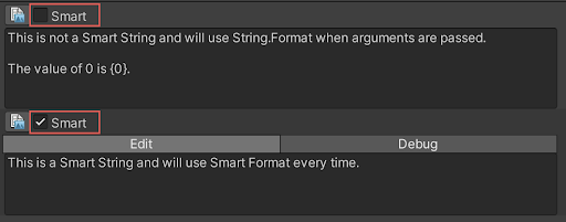 The Table Editor window displays two rows. A normal string at the top and a Smart String at the bottom.