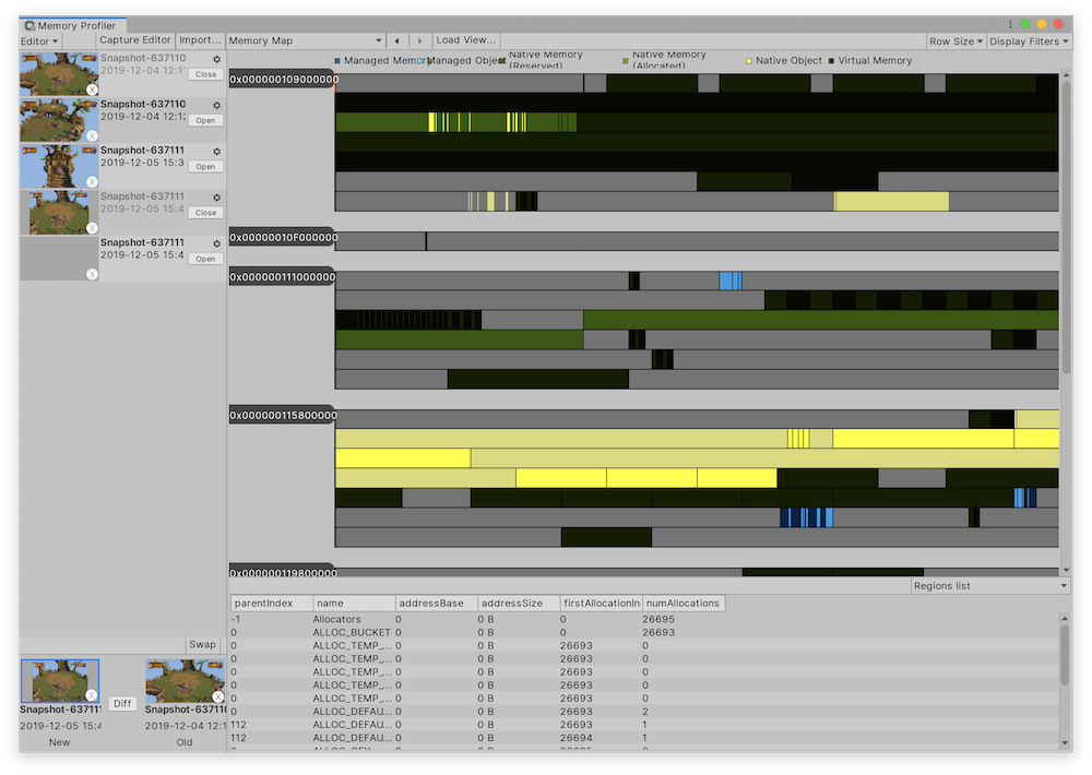 The Fragmentation view in the Memory Profiler window