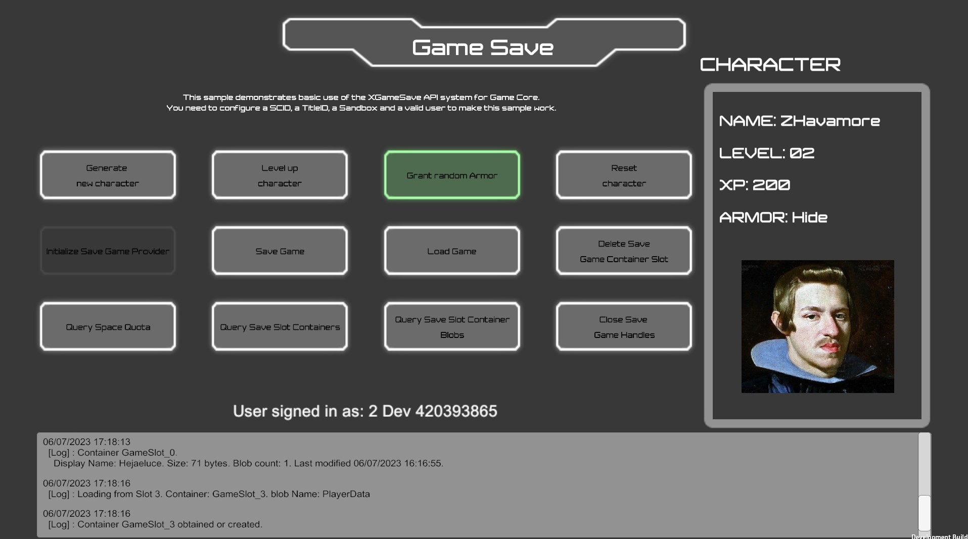 Screenshot of the GameSave sample