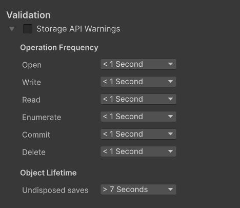 Validation settings in the Play Mode Controls window