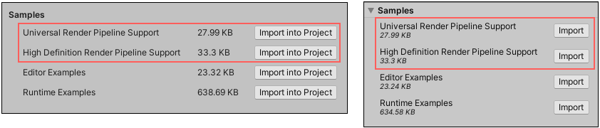 Samples section for the ProBuilder package in different versions of the Unity Editor