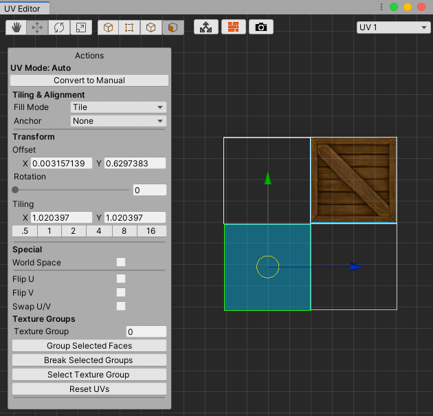 Actions panel: Auto UV Mode | ProBuilder | 6.0.1-pre.2