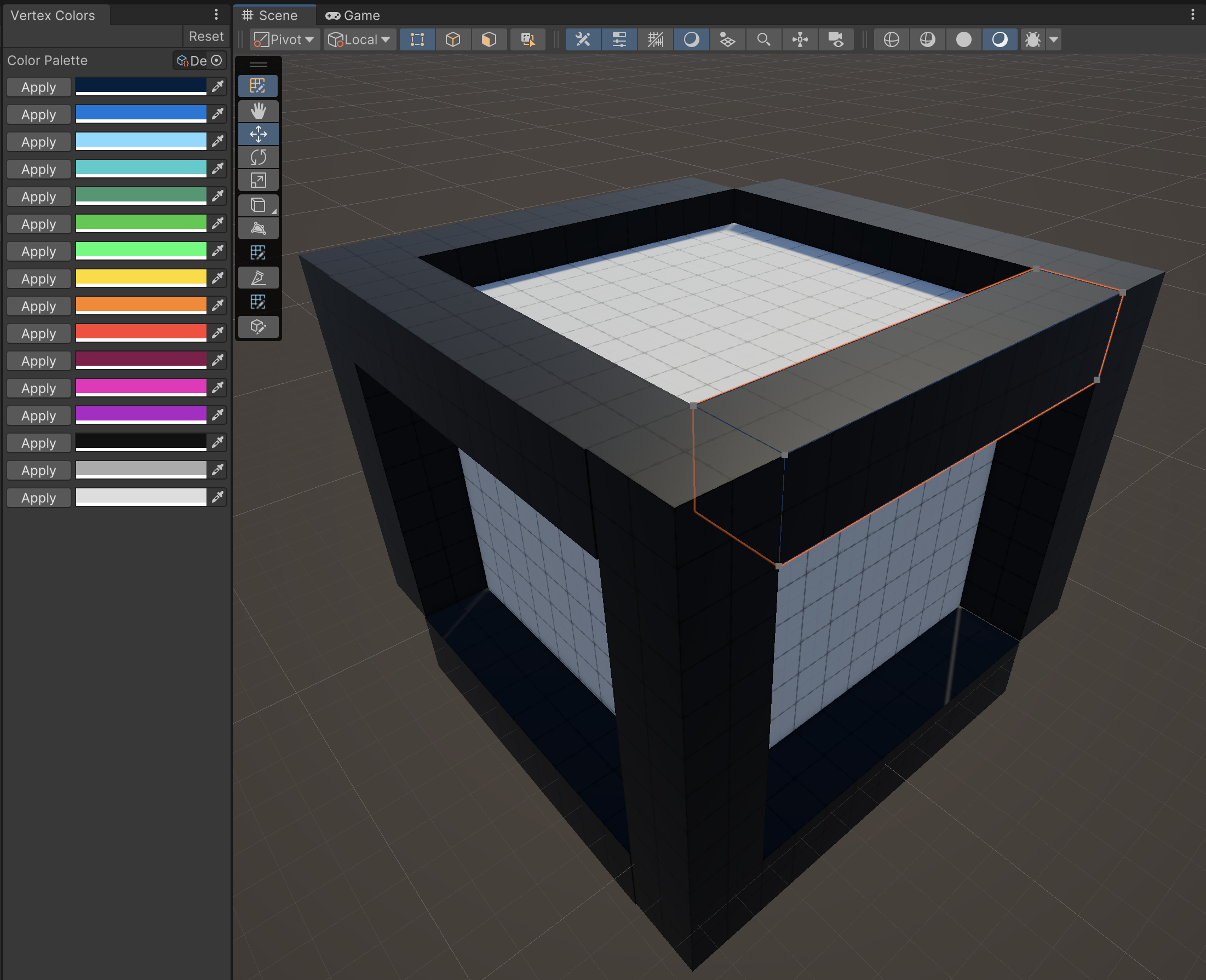 The Unity logo built with ProBuilder and an open Vertex Color editor window.
