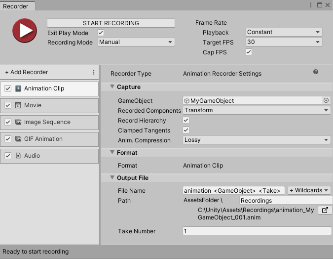 Animation Clip Recorder properties | Unity Recorder 