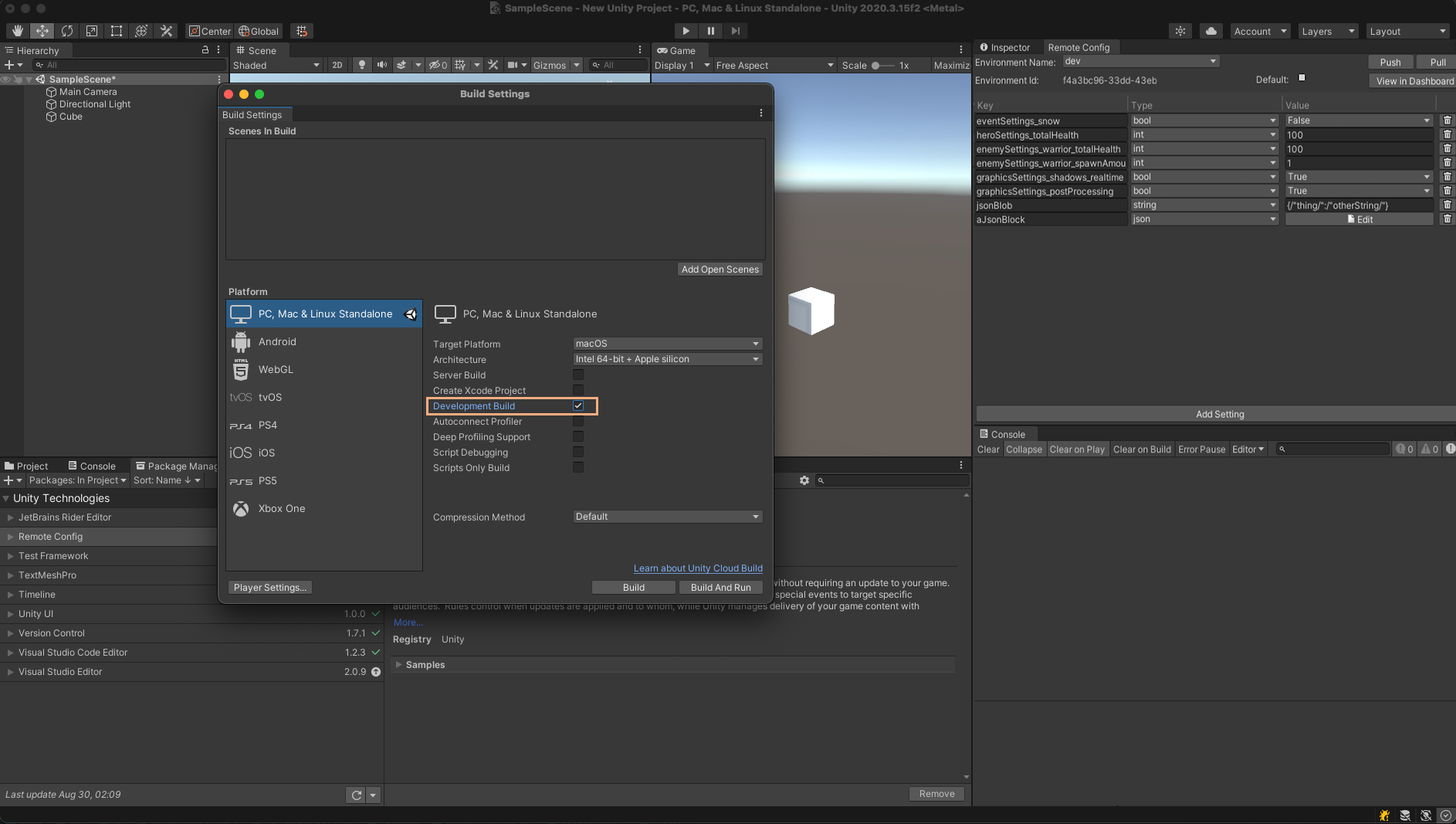 Configuring your build for the Development environment.