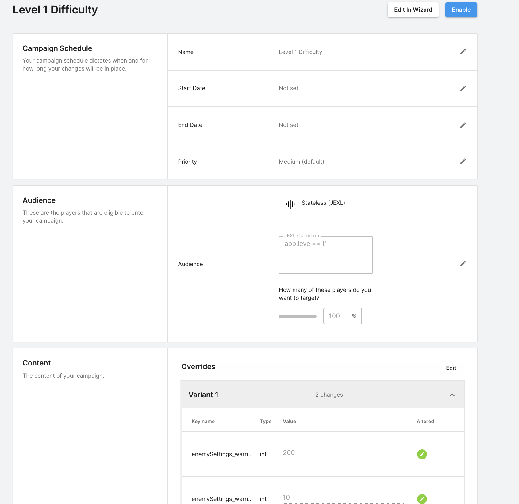 An example of dynamic difficulty Campaigns and Settings.