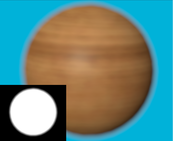 An out-of-focus sphere composited over a solid blue background using a R16G16B16A16 buffer format for both rendering and post-processing. In this case, DoF is applied in the alpha channel, resulting in a proper composition.