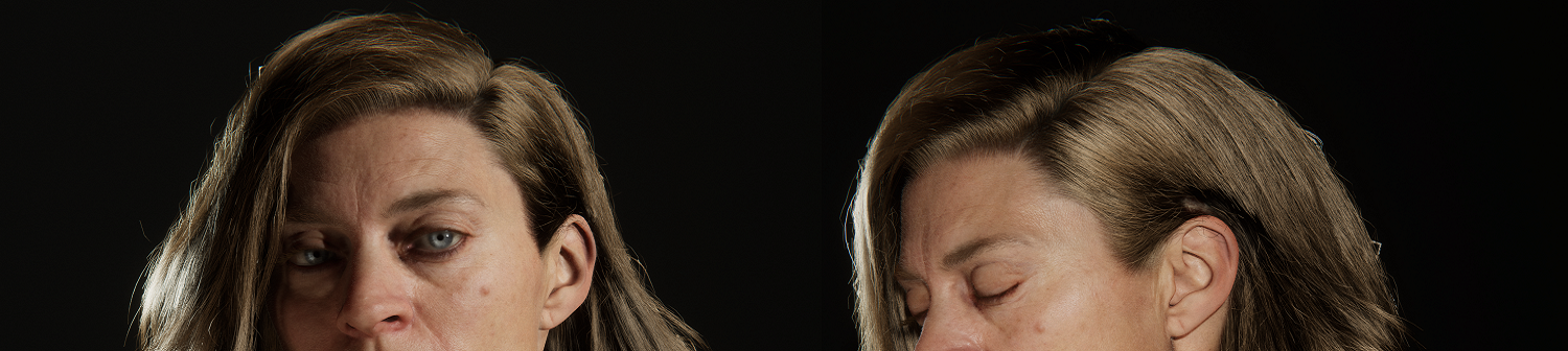 Two views of a woman with realistic flowing hair.