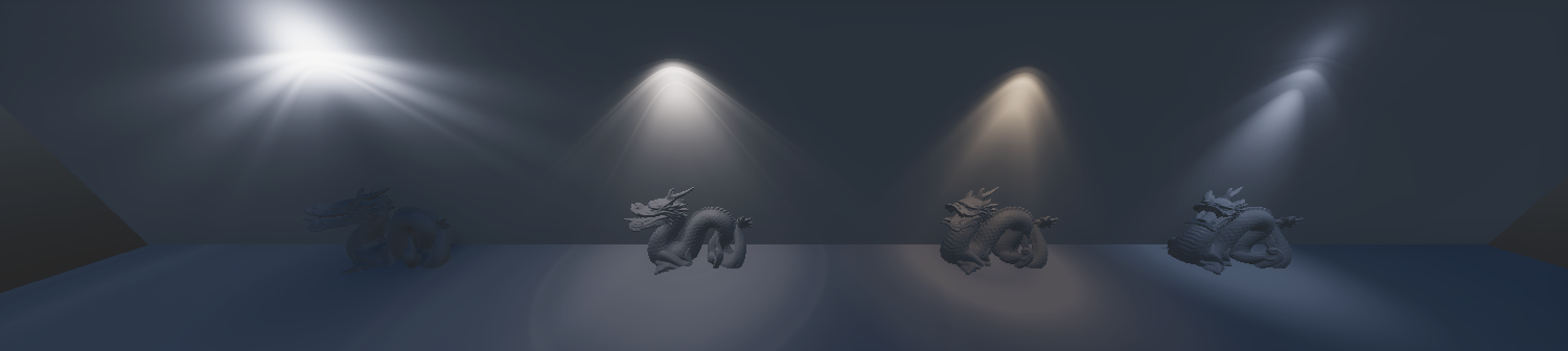 Four detailed dragon statuettes, each lit using a different type or color of spotlight.