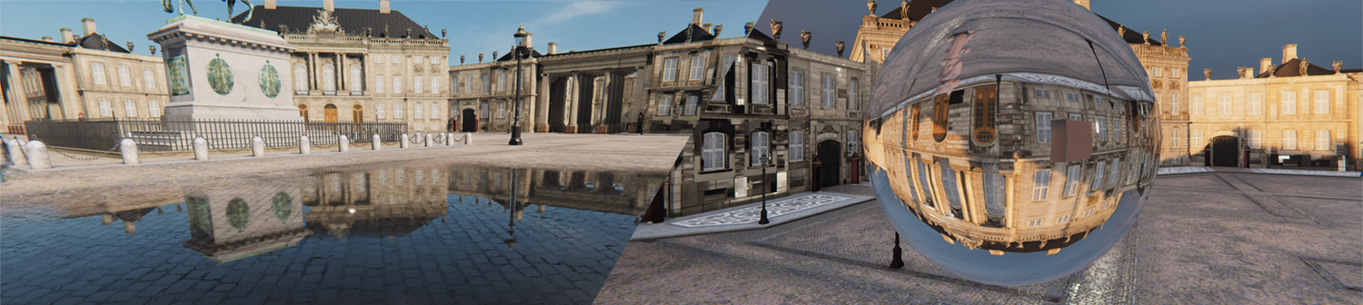 A town square scene with a large puddle that reflects the buildings above, and the same scene with a close-up of a Reflection Probe.