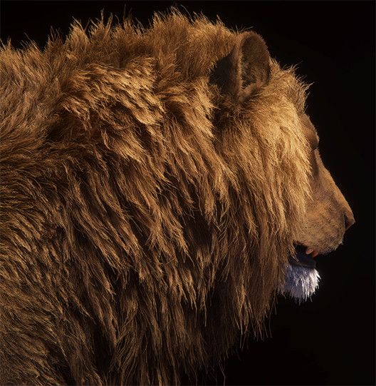The head of a lion, where the mane looks rougher and more pixelated.