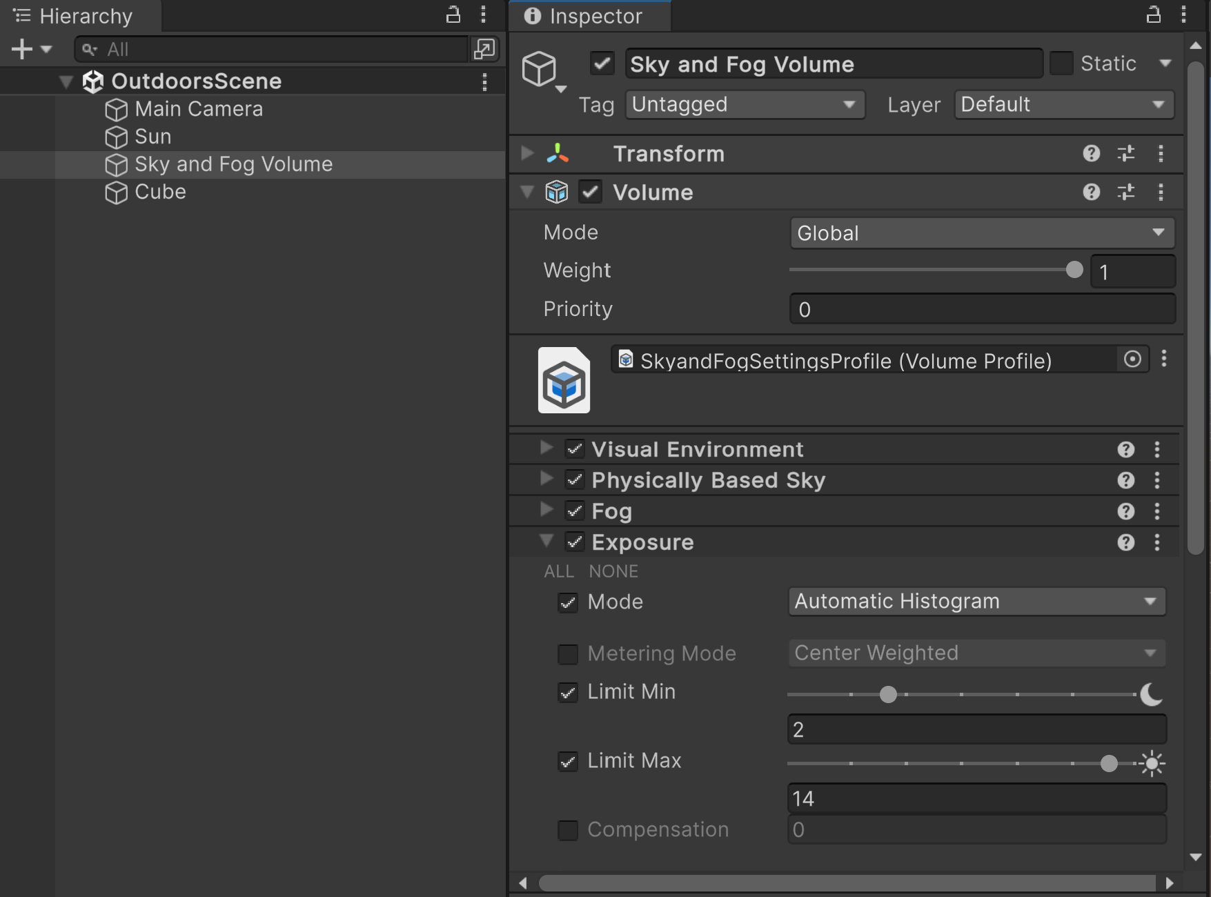 The default Sky and Fog Volume selected in the Hierarchy window and open in the Inspector window. The volume profile is set to SkyandFogSettingsProfile, and there is a dropdown and properties for each Volume Override.