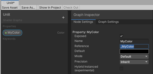 Example: The _MyColor property in the Node Settings tab of the Graph Inspector.