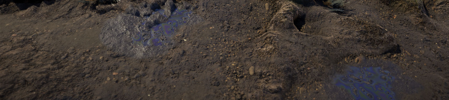 Rocky ground with two iridescent oil patches.