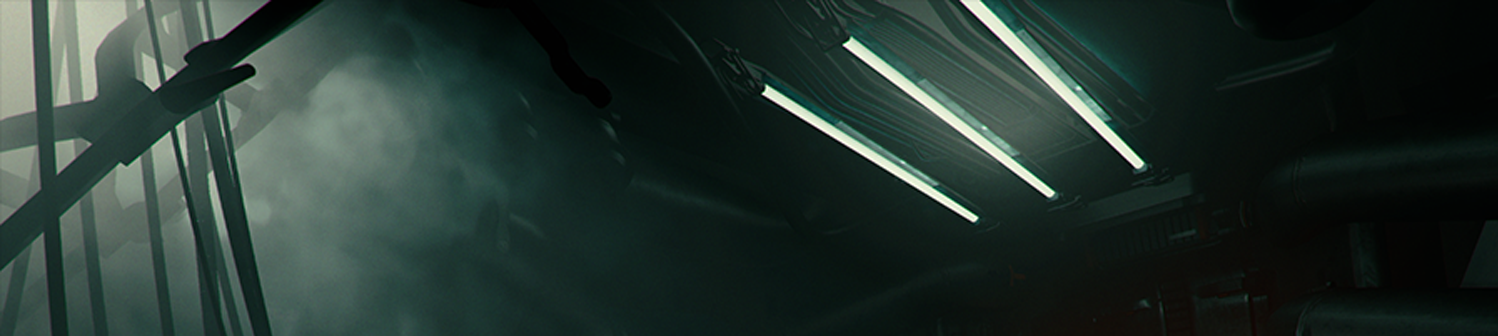 Three glowing strip lights in a dark, foggy industrial environment.