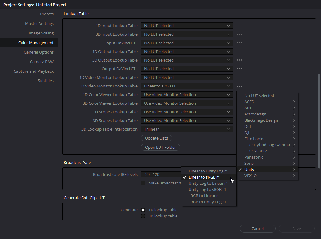 Color settings in the DaVinci Resolve editor.