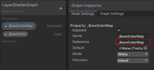 The Blackboard and Graph Inspector windows in a shader graph. The Blackboard has a Texture2D called _BaseColorMap, and the Reference property in the Graph Inspector has the same name.