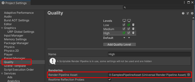 In Project Settings > Quality > Render Pipeline Asset, select SamplesPipelineAsset