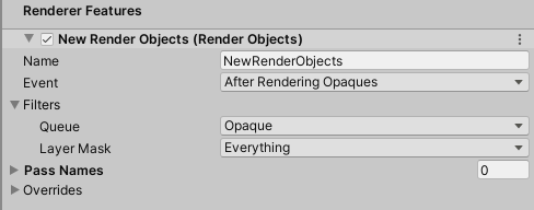 Render Objects Renderer Feature Inspector view