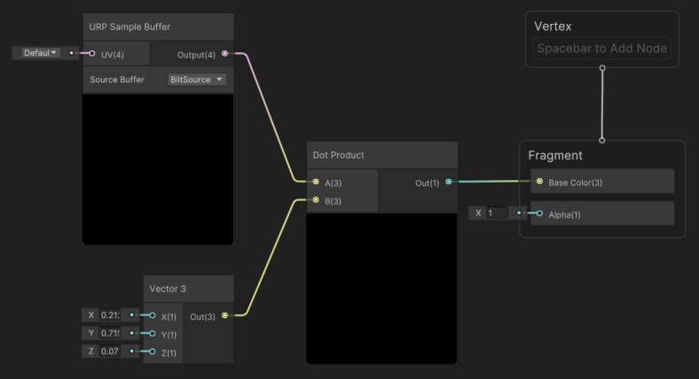 Grayscale Fullscreen Shader Graph with all nodes connected.