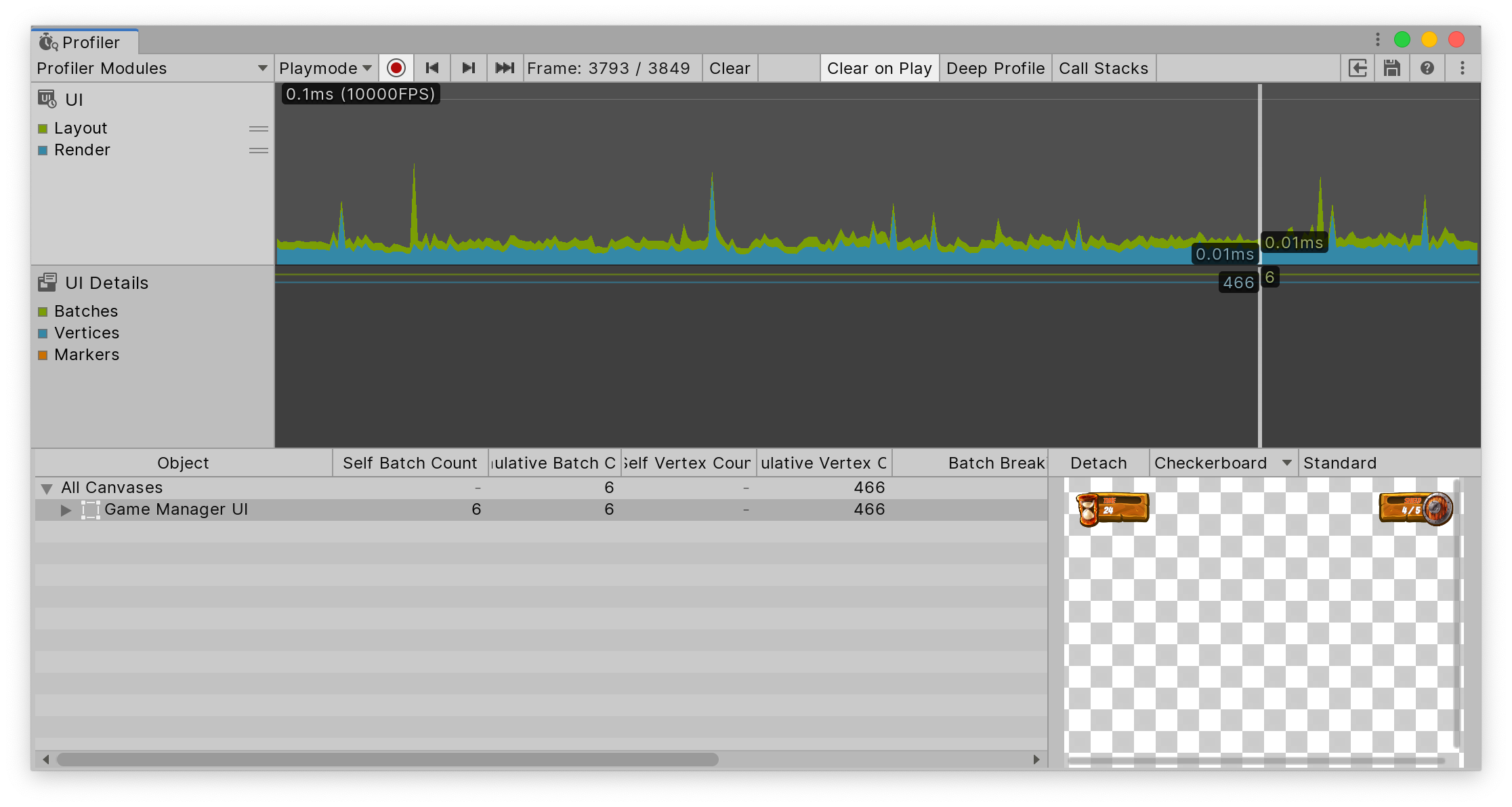 The UI (Canvas) and UI Details (Canvas) Profiler module