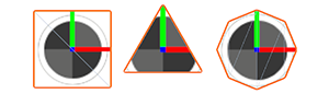From left to right: a 2D coordinate system with color-coded axes: green for the positive Y-axis, red for the positive X-axis, and a blue origin at their intersection represented in different shapes: a square, a triangle, and an octagon.