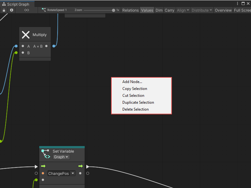 An image of the Graph window. The context menu is open and displays the options for a selection in a Script Graph.