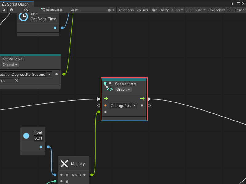 An image of the Graph window, with a Set Variable node selected and framed in the center of the Graph Editor.