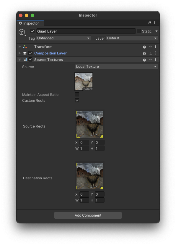 The Source Textures component Inspector.