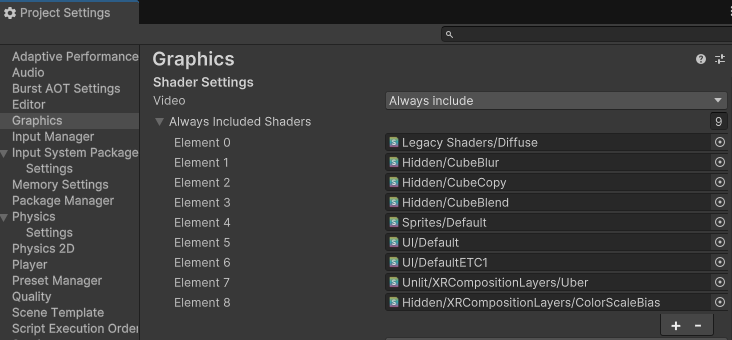 Always Included Shader settings.