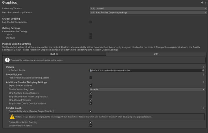URP settings in the Project Settings window.