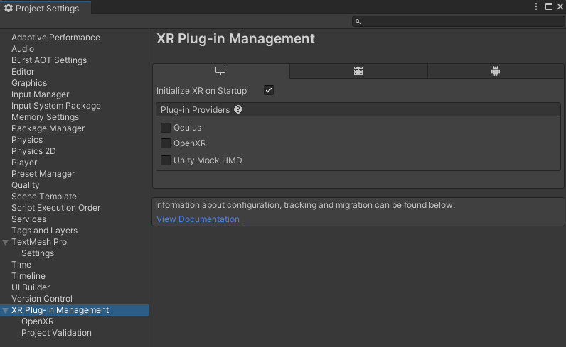 The XR Plug-in Management category of the Project Settings window displays an interface for downloading XR Hands provider plug-ins for supported platforms