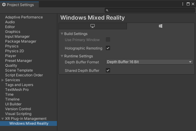 Windows Mixed Reality Settings for Remoting in a Built Application