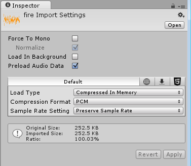 The Inspector window displaying the Import Settings for an Audio file