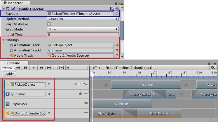 Playable Director 组件显示时间轴资源（蓝色）及其绑定的游戏对象（红色）。Timeline Editor 窗口在轨道列表中显示相同绑定（红色）。