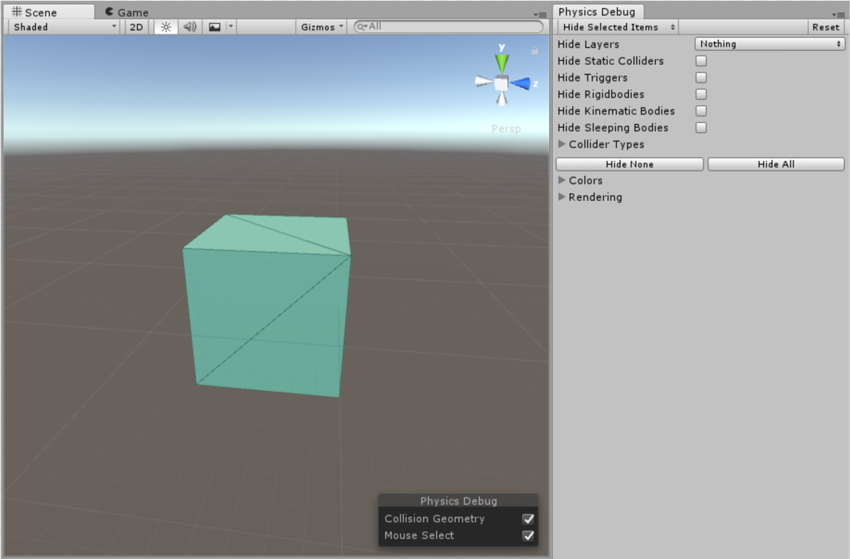 Default Physics Debug Visualization settings and a Cube primitive
