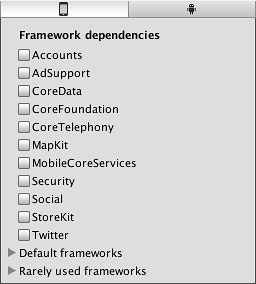 iOS 插件设置，显示了 Framework 依赖项 (Framework dependencies)
