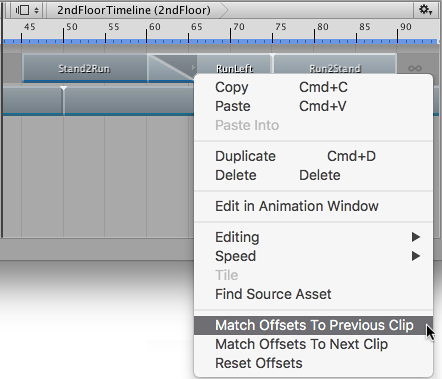例如，右键单击名为RunLeft的中间动画剪辑以将该剪辑的偏移与上一个剪辑或下一个剪辑匹配