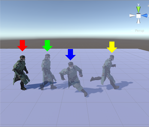 每个动画剪辑在游戏对象的位置和旋转处开始，对于人形角色，则在时间轴实例的开头处（红色箭头）开始。三个动画剪辑：Stand2Run、RunLeft 和 Run2Stand 都从红色箭头处开始，但分别在绿色、蓝色和黄色箭头处结束。