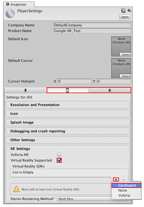 为 iOS/Android 查找特定于 Cardboard 的设置 (Edit > Project Settings > Player > XR Settings)