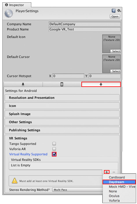 为 Android 查找特定于 Daydream 的设置 (Edit > Project Settings > Player > XR Settings)