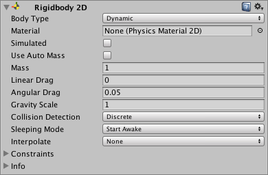 2D 刚体 (Rigidbody 2D) 组件。此界面在 Unity Editor 中的显示情况根据所选的 Body Type 不同而有差异。请参阅以下的 Body Type 以了解更多信息。