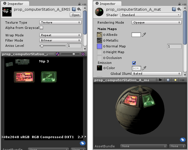 Shown in the inspector, Left: An emission map for a computer terminal. It has two glowing screens and glowing keys on a keyboard. Right: The emissive material using the emission map. The material has both emissive and non-emissive areas.