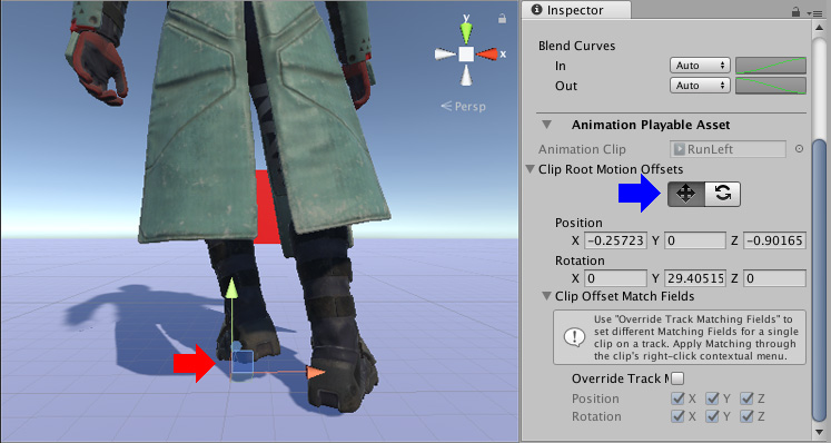 Enable the Move tool (Inspector window, blue arrow) to show the Move Gizmo (red arrow) in the Scene view. Use the Move Gizmo to manually position the root motion offset of the selected Animation clip.