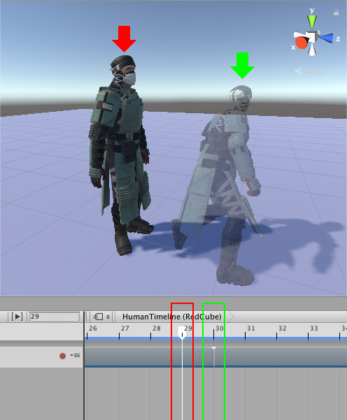 人形角色在第一个动画剪辑（第 29 帧结束，红色的箭头和方框）和第二个动画剪辑（从第 30 帧开始，虚影以及绿色的箭头和方框）之间跳跃