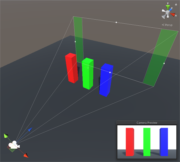 Gate Fit 设置为 Vertical：分辨率门宽高比为 16:9。胶片门宽高比为 1.37:1 (16mm)。绿色区域表示 Unity 在 Game 视图中对图像进行过扫描的位置。