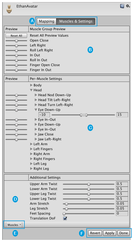 Avatar 窗口中的 Muscles &amp; Settings 选项卡