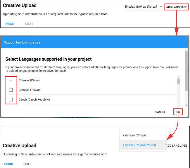 Incorporating unique creative assets for different languages in the Developer Dashboard