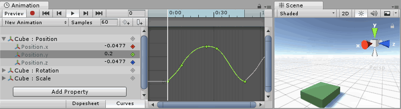 动画曲线以及可见的彩色标记。在此示例中，绿色标记对应于弹跳立方体动画的 Y 位置曲线